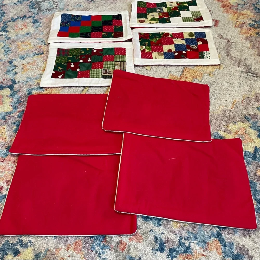 Vintage handmade holiday quilted square pattern placemats set of 8 13.5” x 10”